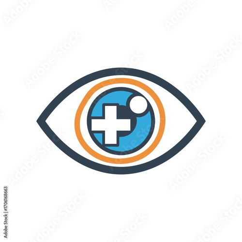 Eye icon featuring a blue and orange design with a medical cross and a circular element, symbolizing health