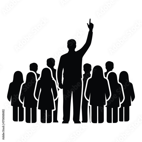 Silhouette of a leader inspiring a crowd pointing upwards to a bright future silhouette
