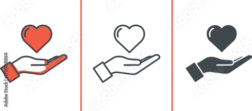 Three Hand Icon Set Holding Heart with Diverse Colors and Simple Outline Design