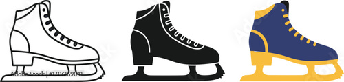 Three Ice Skates Icons Outline, Silhouette, and Colored Versions on White Background