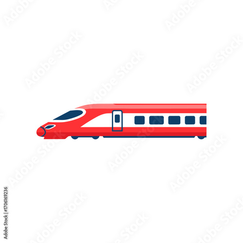 High-speed red train in motion on a clear day with a blurred landscape in the background