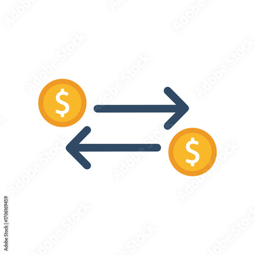 Illustration of currency exchange process with arrows between dollar coins, depicting financial transactions