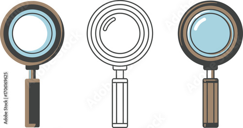 Three Magnifying Glasses with Brown and Gray Frames on a Transparent Background