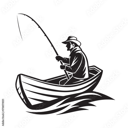 Silhouette of a fisherman in a hat casting a fishing rod while sitting in a boat on wavy water