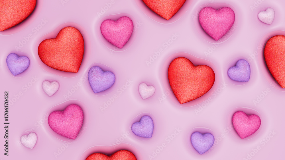 Fototapeta premium Glittery Hearts on a Soft Pink Liquid Background