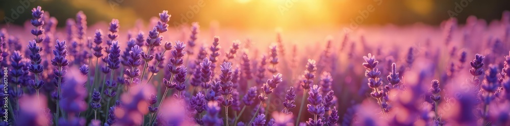 Obraz premium A sun-drenched field of lavender, subtly infused with golden light, creating a calming and luxurious atmosphere Perfect for relaxation, spa, or beauty themes , horizon, spring