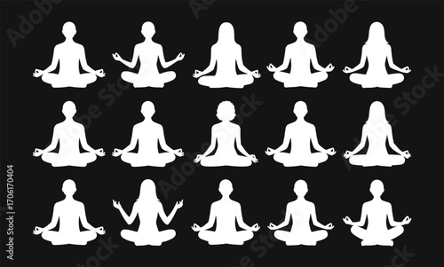 Diverse yoga meditation silhouettes, peaceful mindfulness poses, lotus position, relaxation, calm, spiritual wellness, healthy lifestyle, vector icons, black background, meditation practice