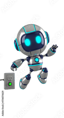 Cute Robot Character Standing Near Power Outlet Futuristic Technology and Innovation Concept