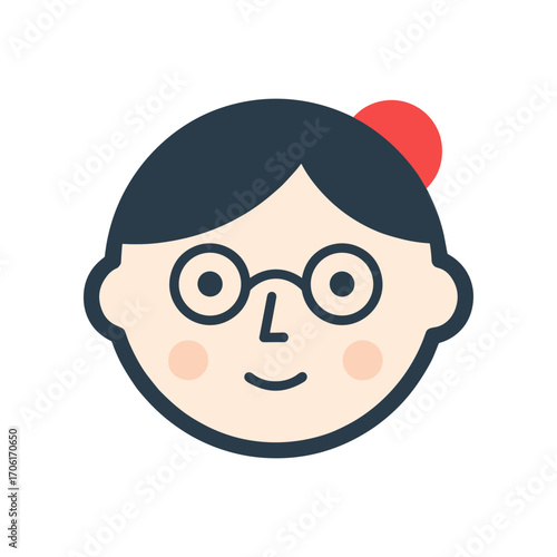 Simple illustration of a smiling person with glasses and a red hair accessory, set against a plain background