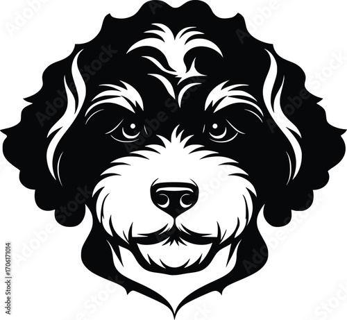 Lagotto Romagnolo head silhouette with curly fur, round eyes, and broad nose in black vector
