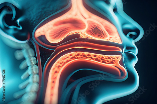 Cutaway head nasal cavity sinus pharynx larynx airway trachea anatomy medical healthcare showing detailed cross section of upper airway with glowing tissues and smooth lighting for educational
