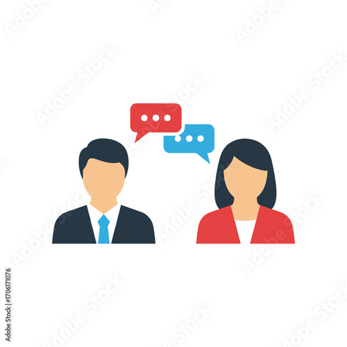 Two individuals engaged in a conversation with speech bubbles, representing dialogue and communication