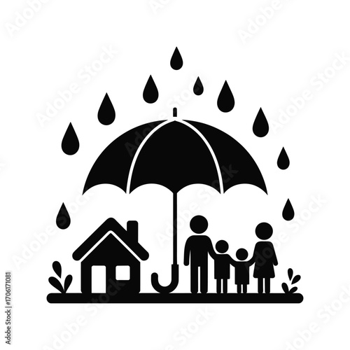 Family and home protected by umbrella under rain