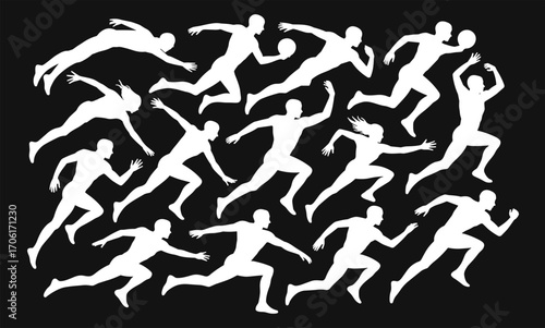 Dynamic silhouettes of athletes running, jumping, and playing sports, representing motion, fitness, energy, and competitive sports activities, vector design.