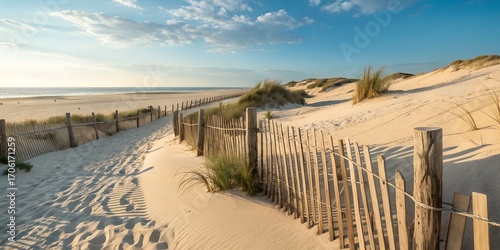 Sunny Beach Background with Wooden Fence and Sand Dunes, Clear Sky, Ideal for PNG Models and People Compositions