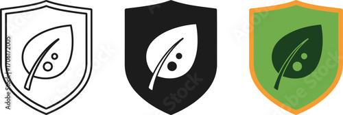 Three Shields with Leaf Icon in Line Art, Solid Black, and Green and Orange Style Isolated