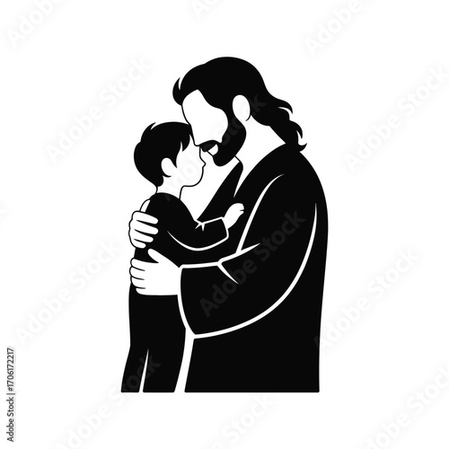 Jesus embraces a child in a tender silhouette illustration