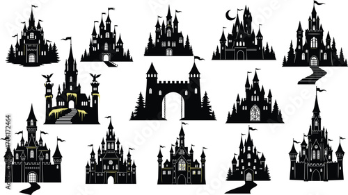 Fantasy castle silhouettes, medieval fortresses, fairy tale architecture, magic castles, enchanted towers, royal palaces, fantasy landscape, gothic castles, historic buildings
