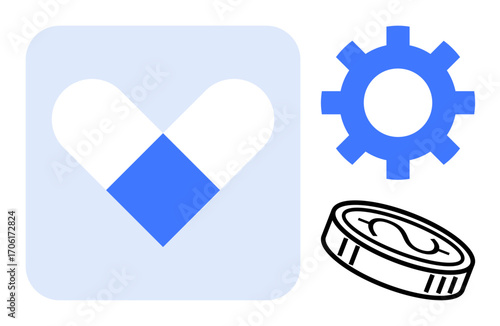Heart-shaped capsule, blue gear, and coin highlight healthcare, technology, and financial systems. Ideal for medicine, innovation, health funding research pharmacy systems treatment. Simple flat
