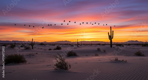 Desert sunrise with birds
