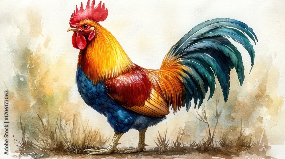 Fototapeta premium Vibrant watercolor rooster with red comb and blue-green tail on pure white background.