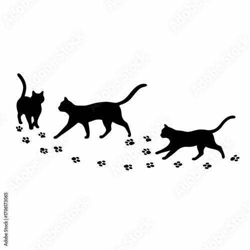 Three black cat silhouettes walking across a white background leaving paw prints behind them