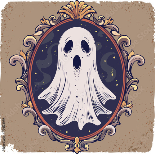 Vintage illustration of a ghost in an ornate mirror frame with dark moody background. Retro gothic style, spooky Halloween aesthetic with eerie atmosphere