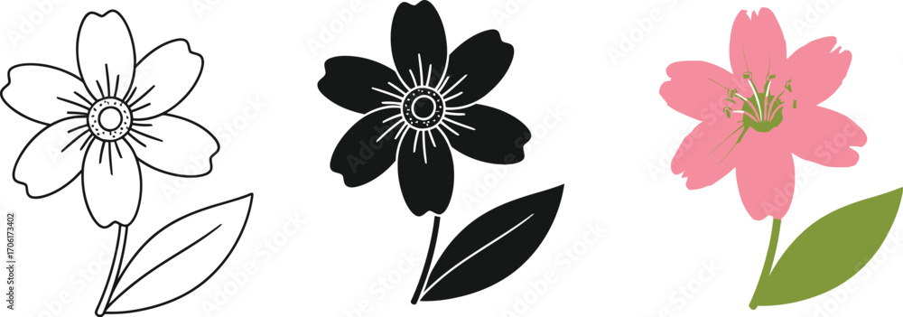 Obraz premium Three Stylized Flowers, One Pink, One Black, One White with Transparent Background
