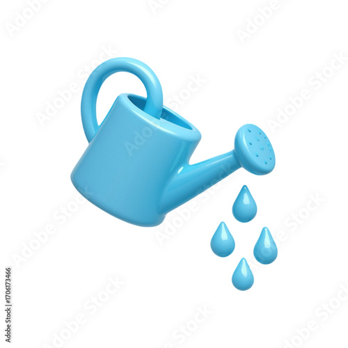 Blue watering can with water drops isolated on transparent background