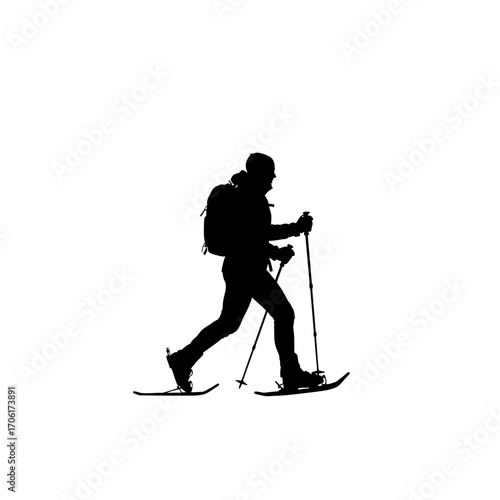 Silhouette of a person snowshoeing with trekking poles against a clean white background