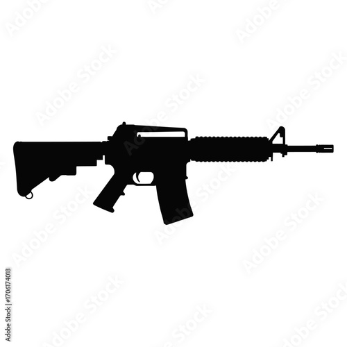 Silhouette of a modern assault rifle with adjustable stock and long barrel isolated on white background