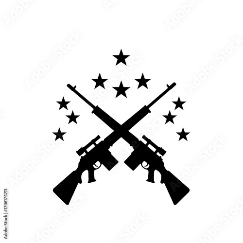 Two crossed sniper rifles silhouetted against a backdrop of scattered stars symbolizing military or tactical operations