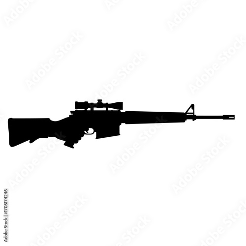 Silhouette of a modern sniper rifle with a telescopic scope against a clean white background