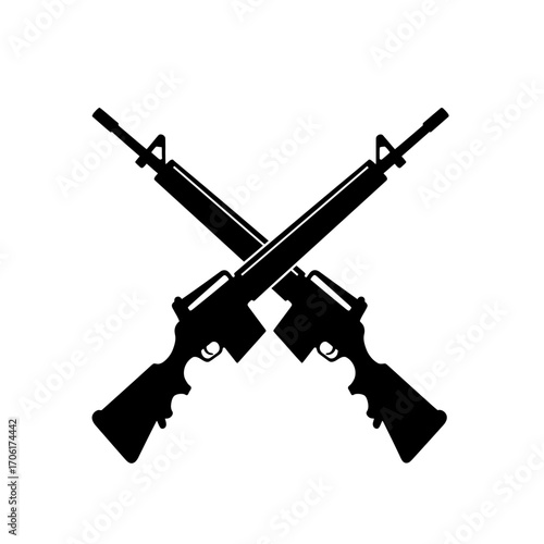 Two crossed assault rifles silhouetted against a white background symbolizing combat and military power