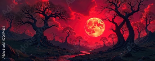A surreal landscape of twisting, dark trees under a blood-red sky, filled with unsettling shadows and distorted forms; a nightmarish vision of a twisted, unnatural world , terrifying, weird