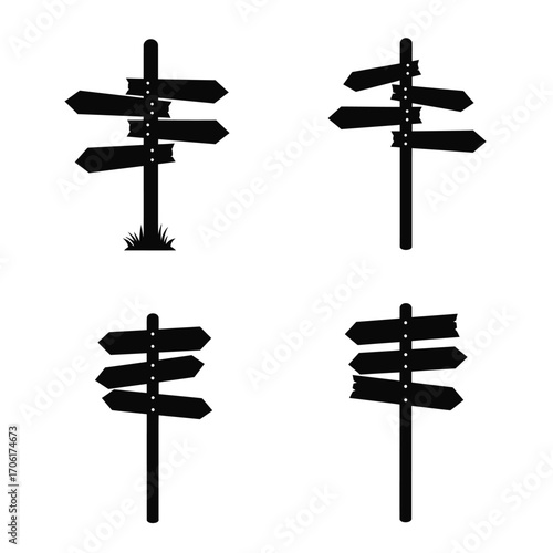 Four black silhouette signposts with multiple directional arrows pointing left and right against a white background