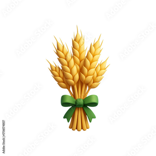 Golden wheat stalks tied with green ribbon isolated on transparent background