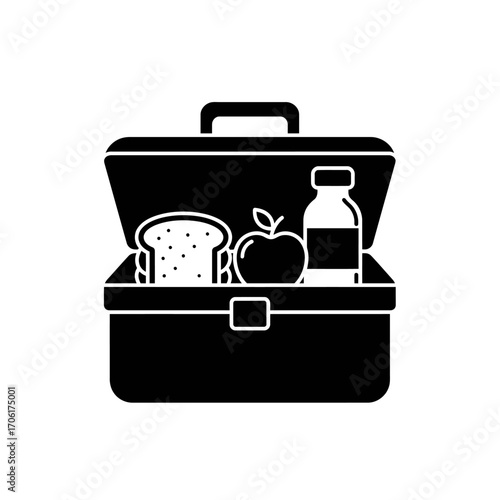 Open black silhouette of a lunchbox filled with a sandwich apple and bottle of drink for school or work
