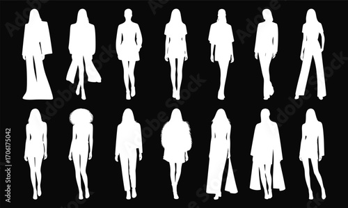 Fashion model silhouettes, runway walking poses, female figures, stylish clothing, high fashion, elegant outfits, catwalk, apparel, vector design.