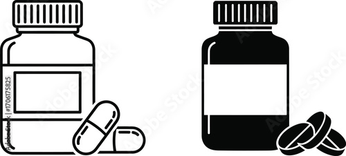 Two Bottle Icons With Medicine Pills, Capsule, and Tablet on a Transparent Background