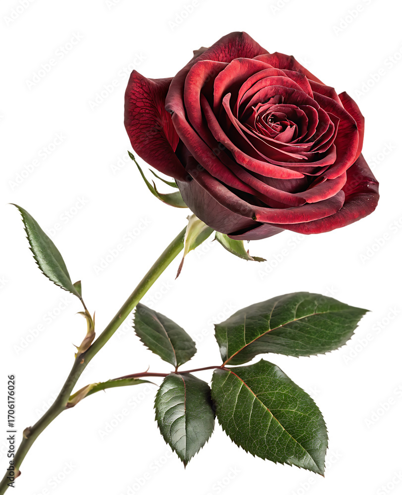 Fototapeta premium A single deep red rose with water droplets on its petals isolated on transparent background