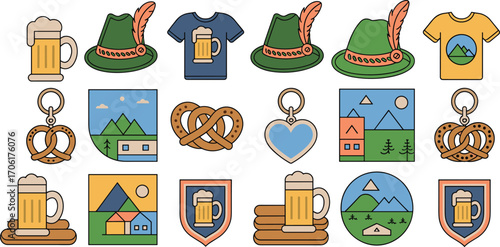 Traditional Oktoberfest icons with beer mugs, pretzels, alpine hats, and scenic mountain landscapes, festive German culture, Bavarian celebration symbols.