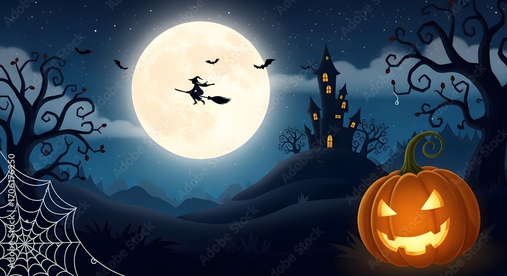 Fototapeta premium Smiling Jack-o'-lantern Under a Starry Sky with a Flying Witch