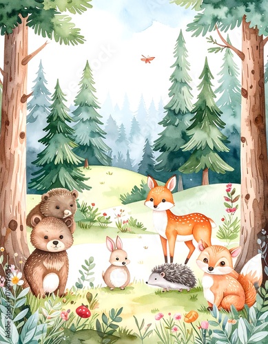 Cute woodland animals in a vibrant forest scene
