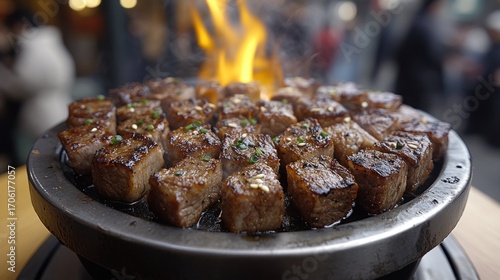 Fototapeta Naklejka Na Ścianę i Meble -  Seared, small beef cubes on a hot plate with flames