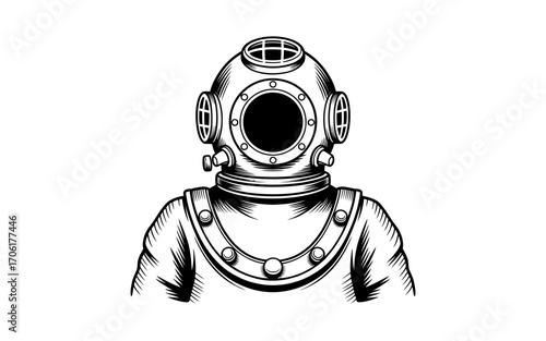 Vintage Deep Sea Diving Suit Illustration in Black and White Detail Artistic Rendering