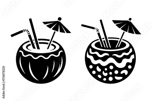 Tropical Coconut Drinks in Black and White Vector Illustration for Summer Vacation Designs