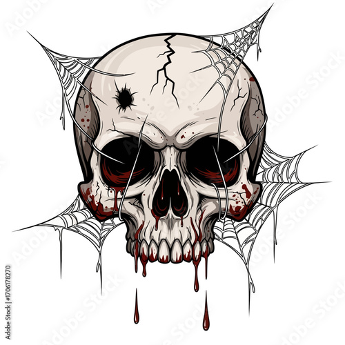 Creepy bloody skull with spiderwebs. Horror Halloween vector illustration
