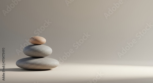 Minimalist composition of three balanced zen stones representing stability, peace, and mindfulness against a calm background