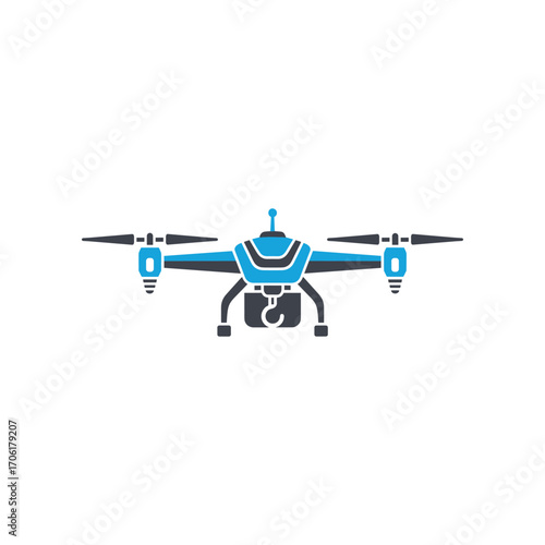 A blue and gray drone equipped with a hook, hovering above a landscape, capturing aerial footage